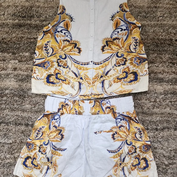 Joie 100% Linen. Floral Print Top and Shorts Set - White and Yellow - Picture 7 of 16